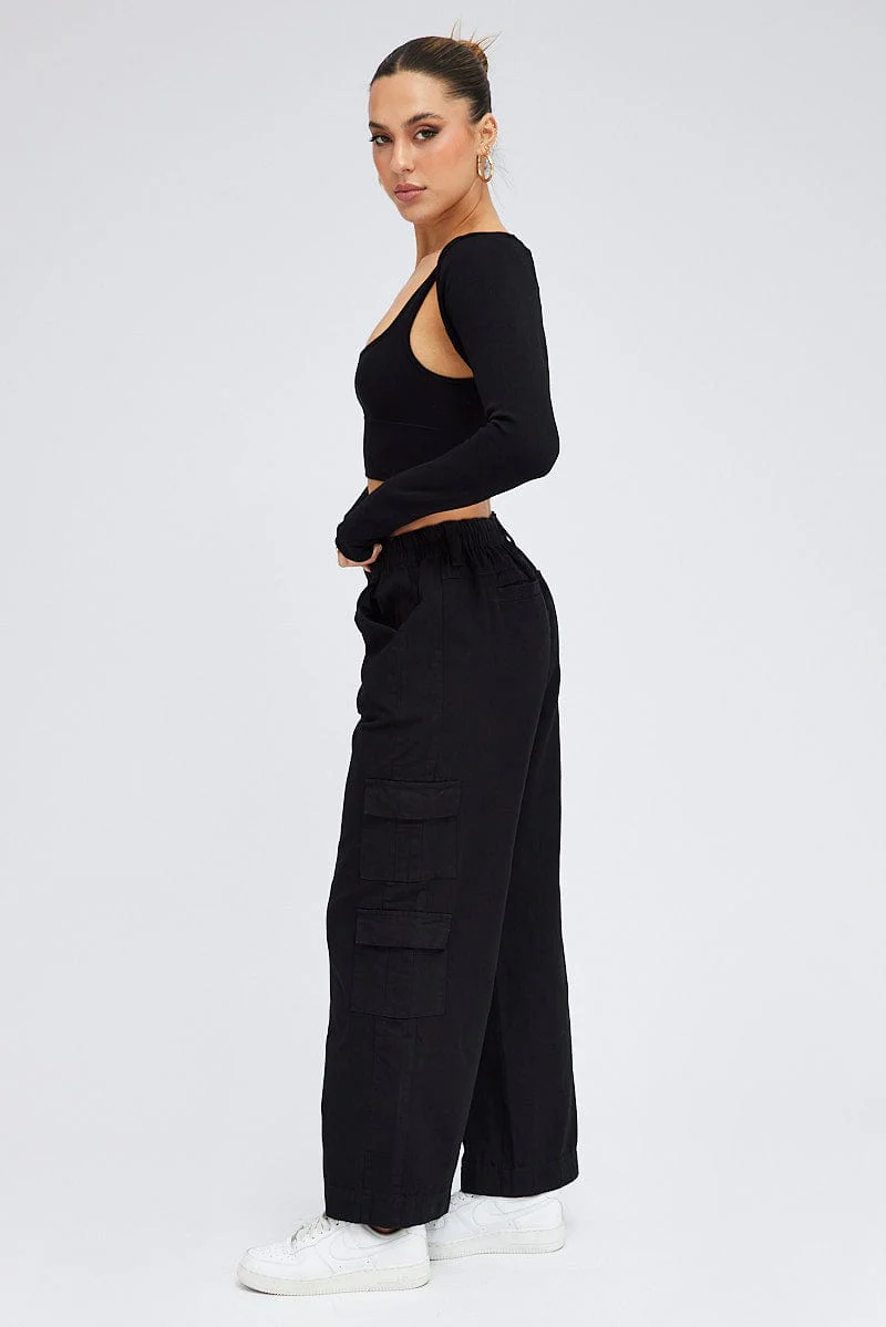 Black Cargo Pants Mid Rise