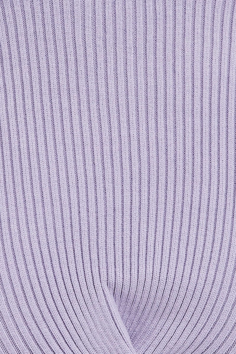 Purple Knit Top Long Sleeve Front Knot Detail Crop