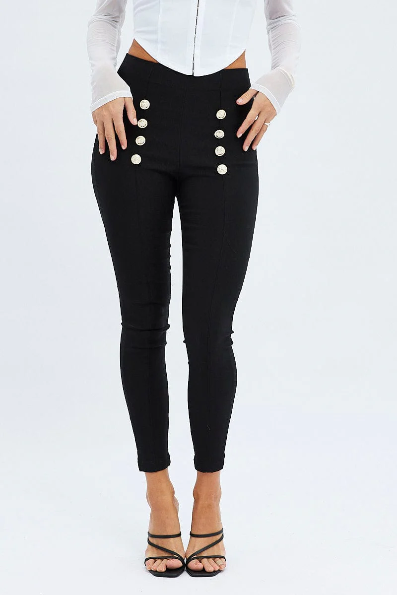 Black Leggings High Rise Button Down Detail