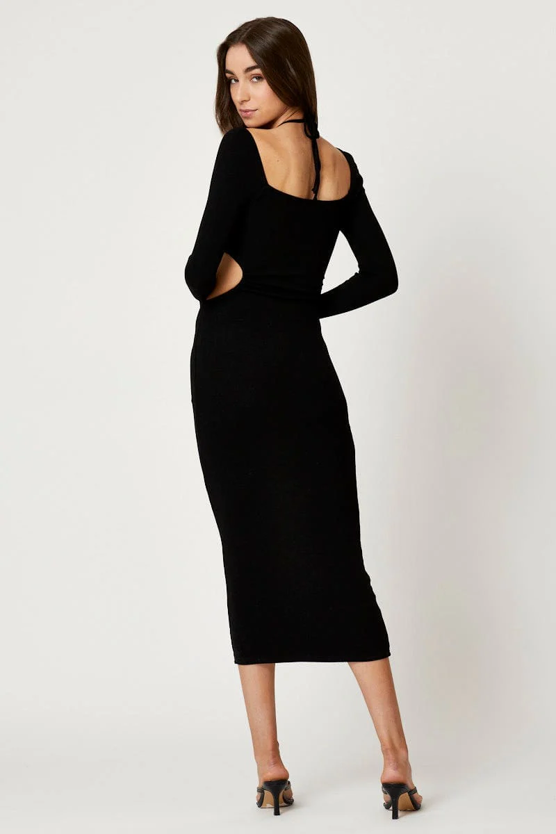 Black Racer Neck Halter Midi Dress