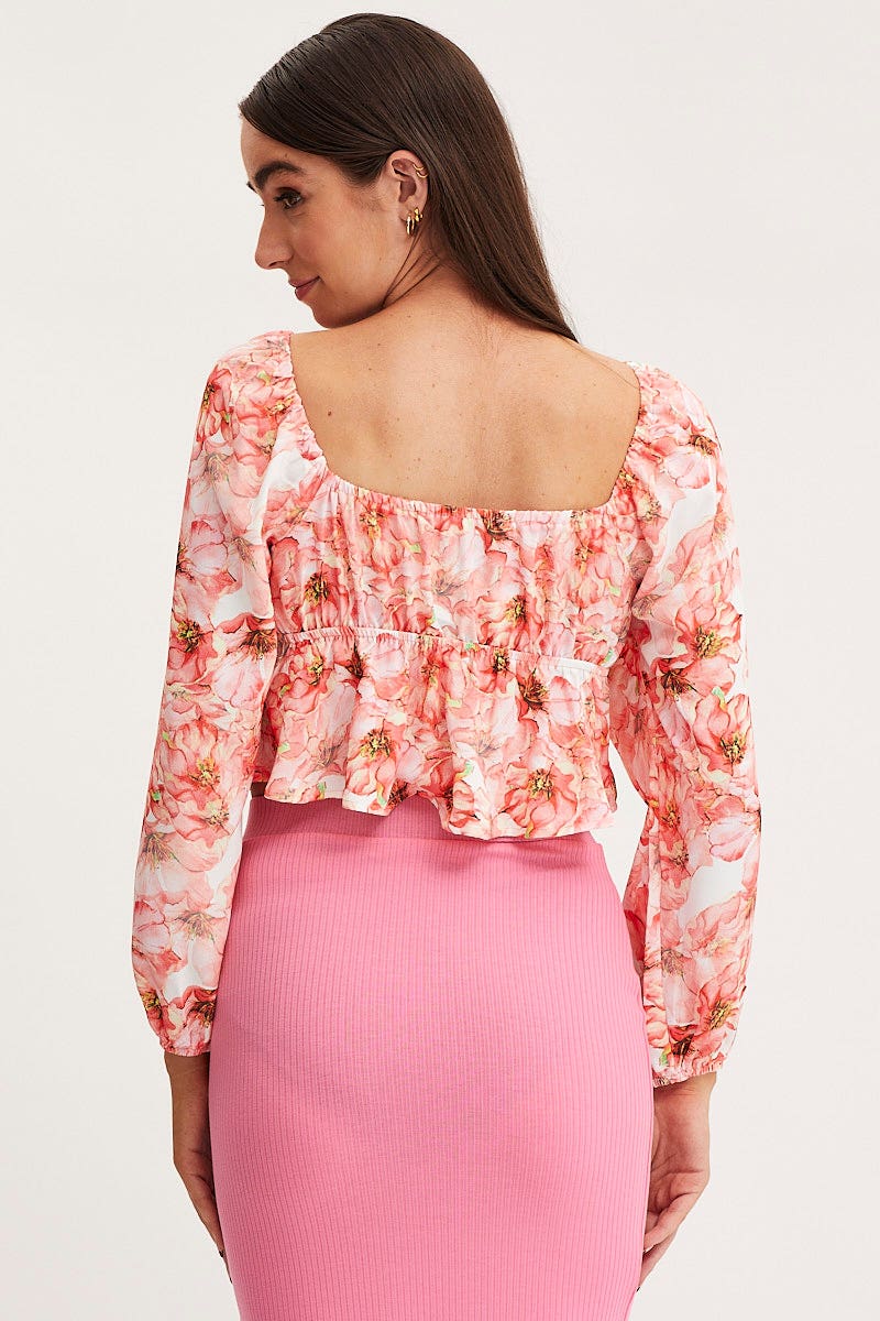 Print Tie Front Top Long Sleeve Crop