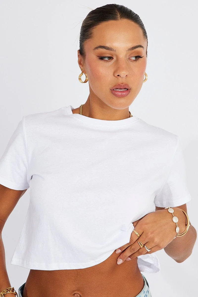 White Crop T Shirt Short Sleeve Crew Neck
