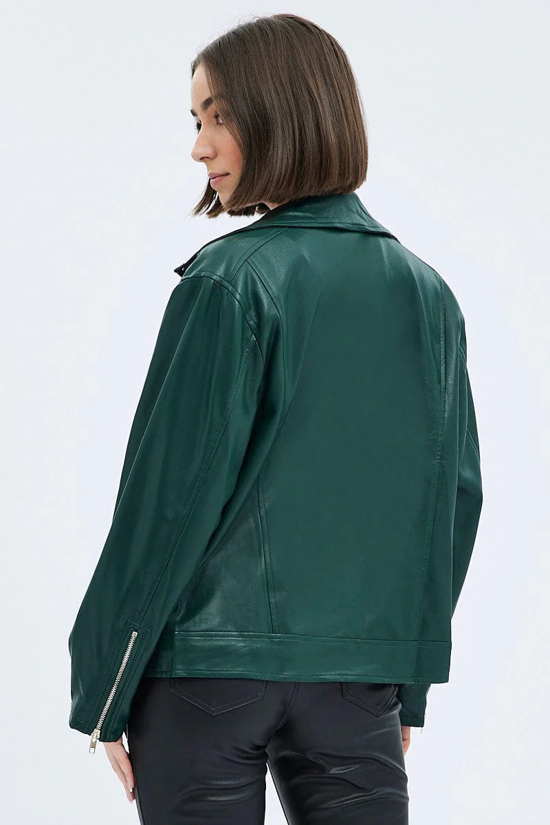Green Jacket Long Sleeve Collared Faux Leather