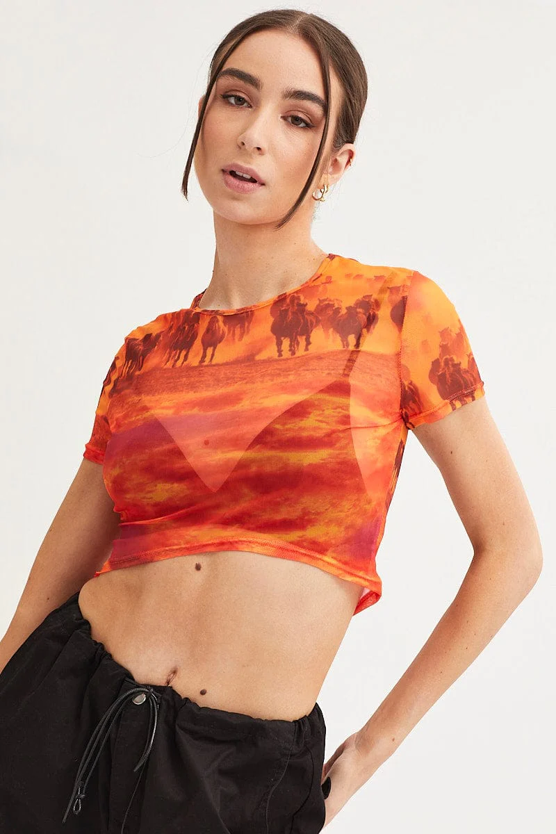 Orange Abstract Landscape Print Mesh Short Sleeve Top