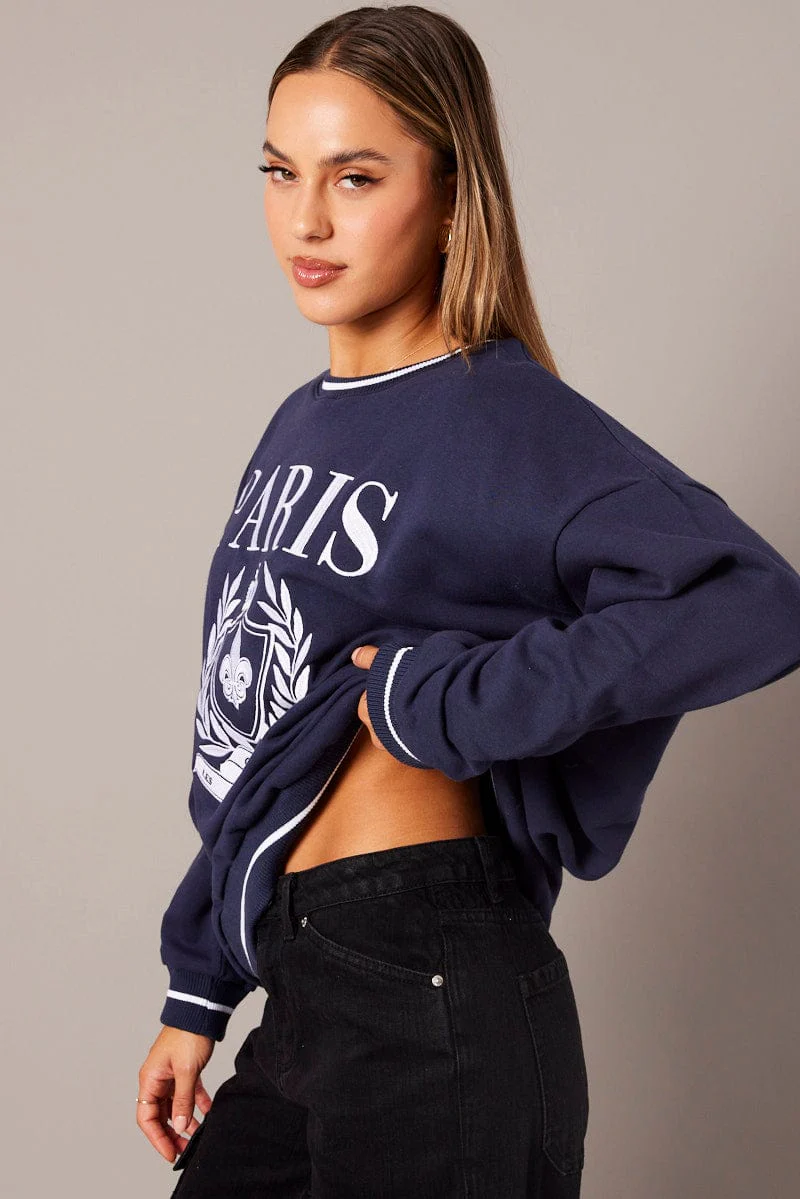 Blue Graphic Sweater Long Sleeve