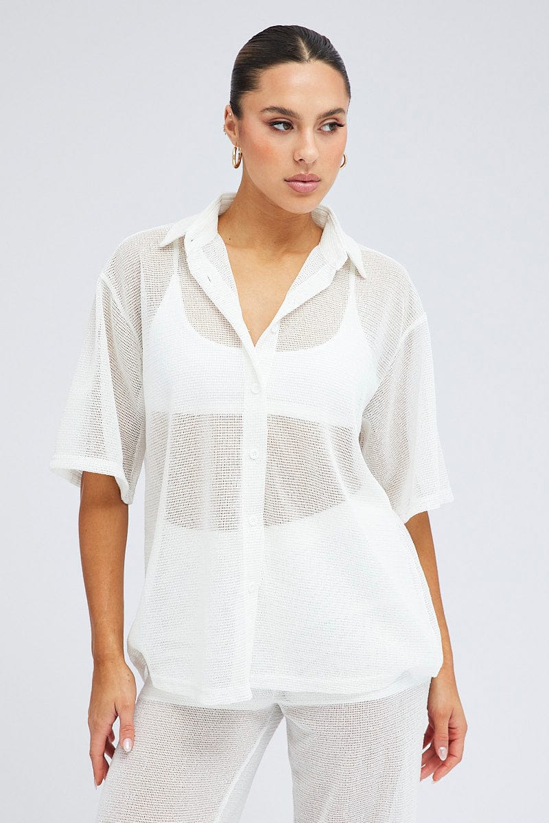 White Collar Knit Top Short Sleeve