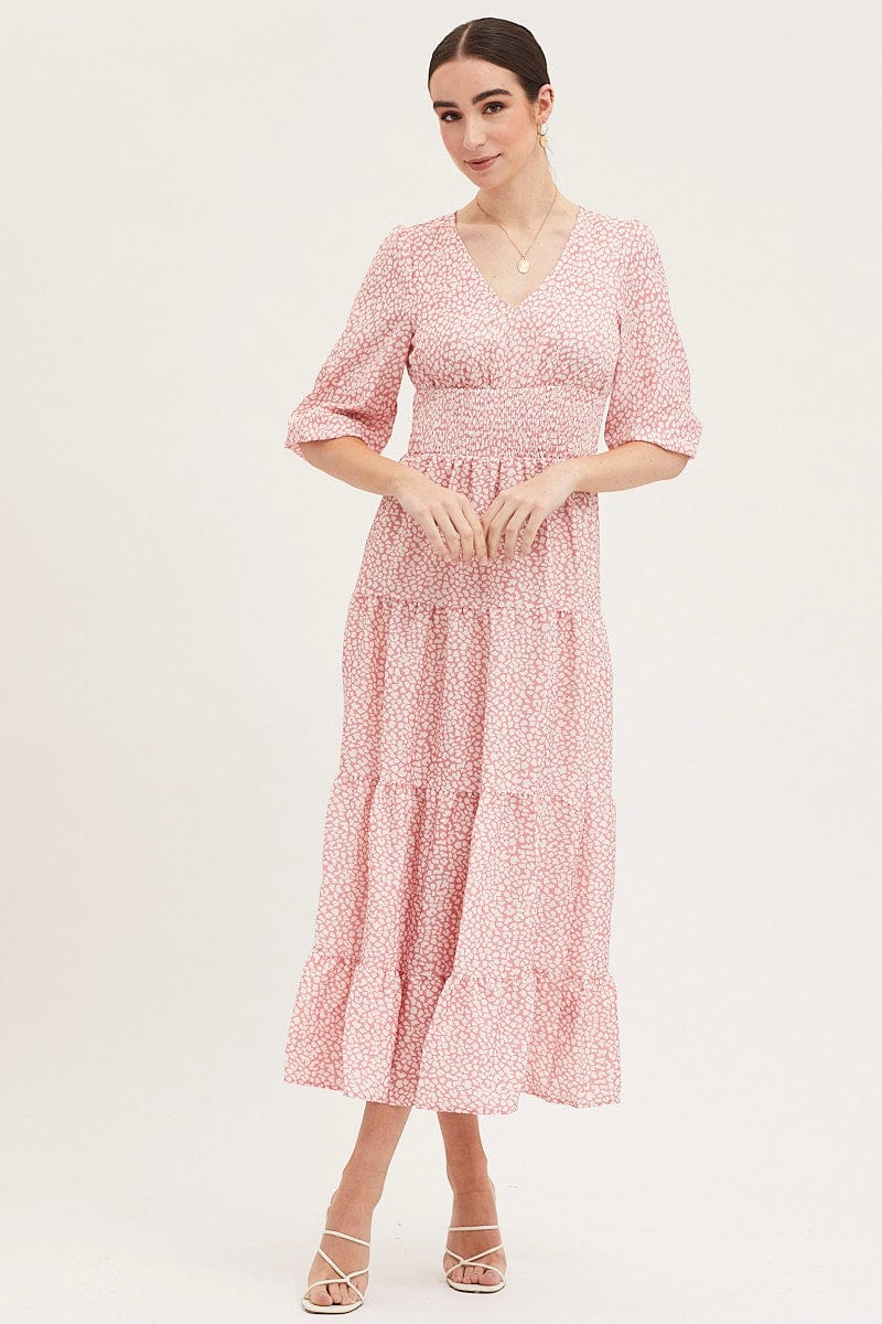 Geo Print Maxi Dress Long Sleeve V Neck