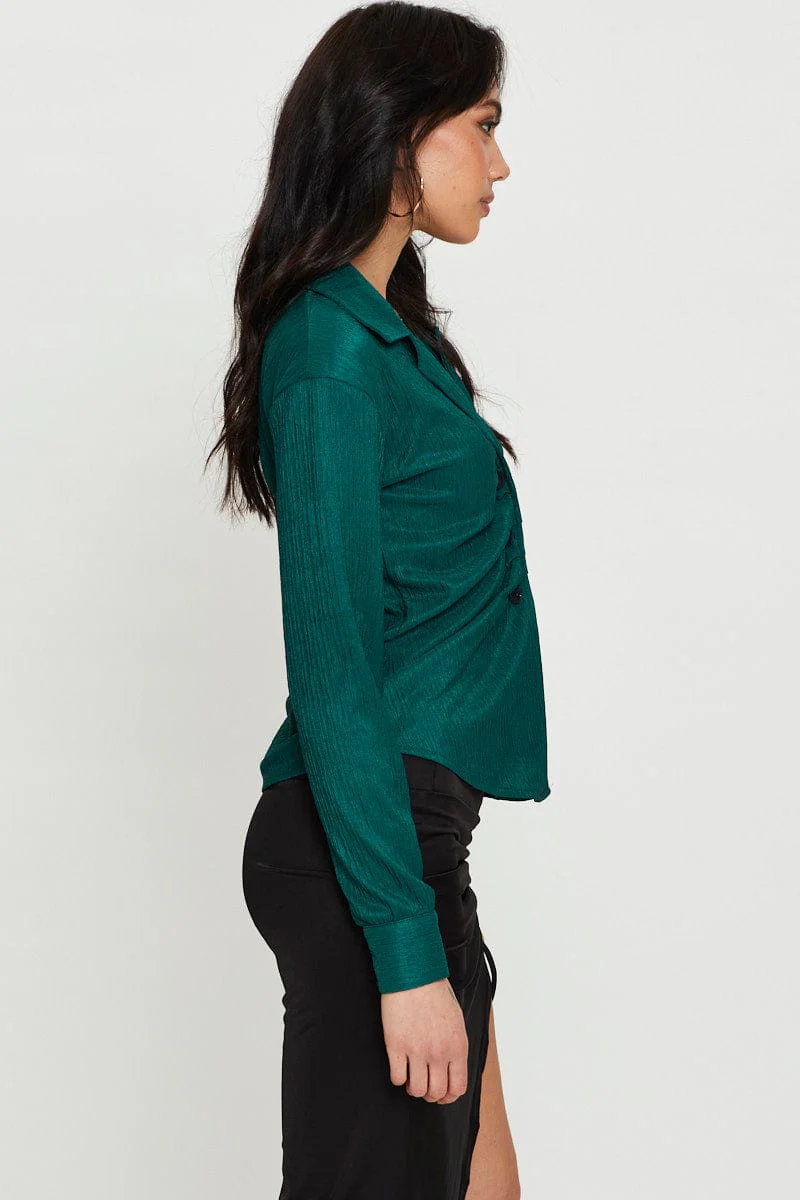 Green Oversized Shirts Long Sleeve Collared
