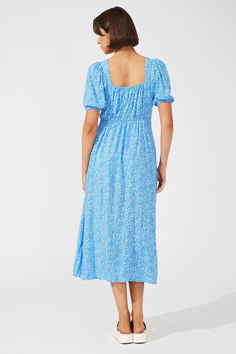 Blue Floral Midi Dress Puff Sleeve Midi