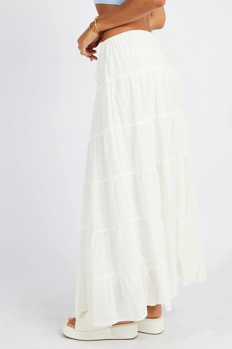 White Maxi Skirt Tiered High Rise Linen Blend