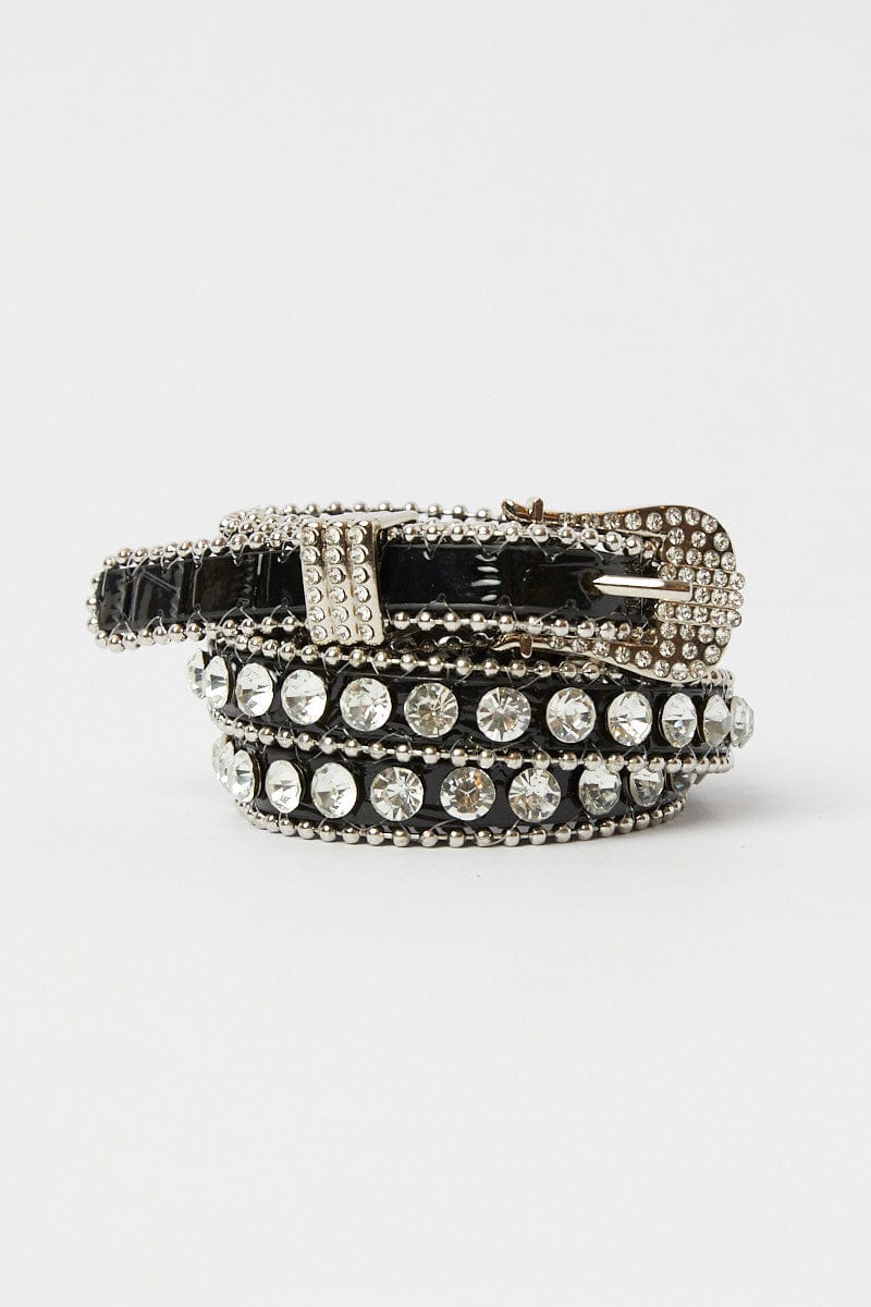 Black Rhinestone Detail Buckle Belts