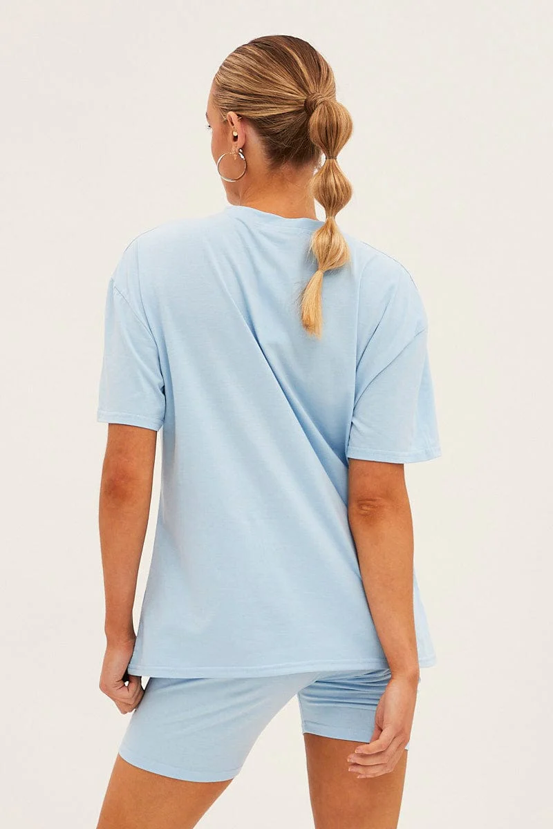 Blue Embroided T And Biker Shorts Set