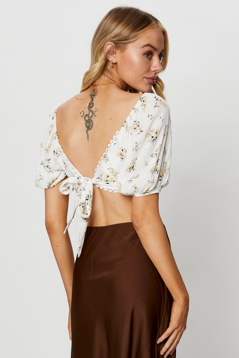 Print Crop Top Short Sleeve Tie Up