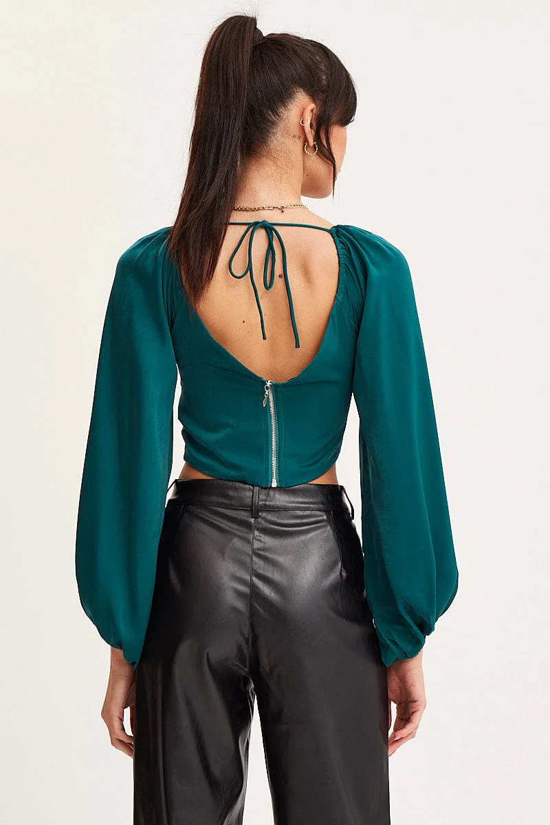 Green Puff Sleeve Top Long Sleeve Crop Satin