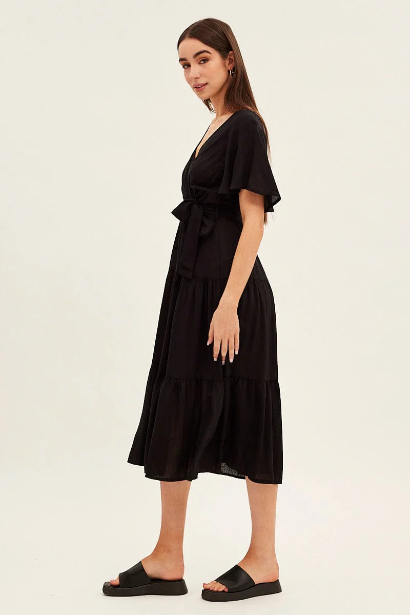 Black Tie Waist Tiered Midi Dress