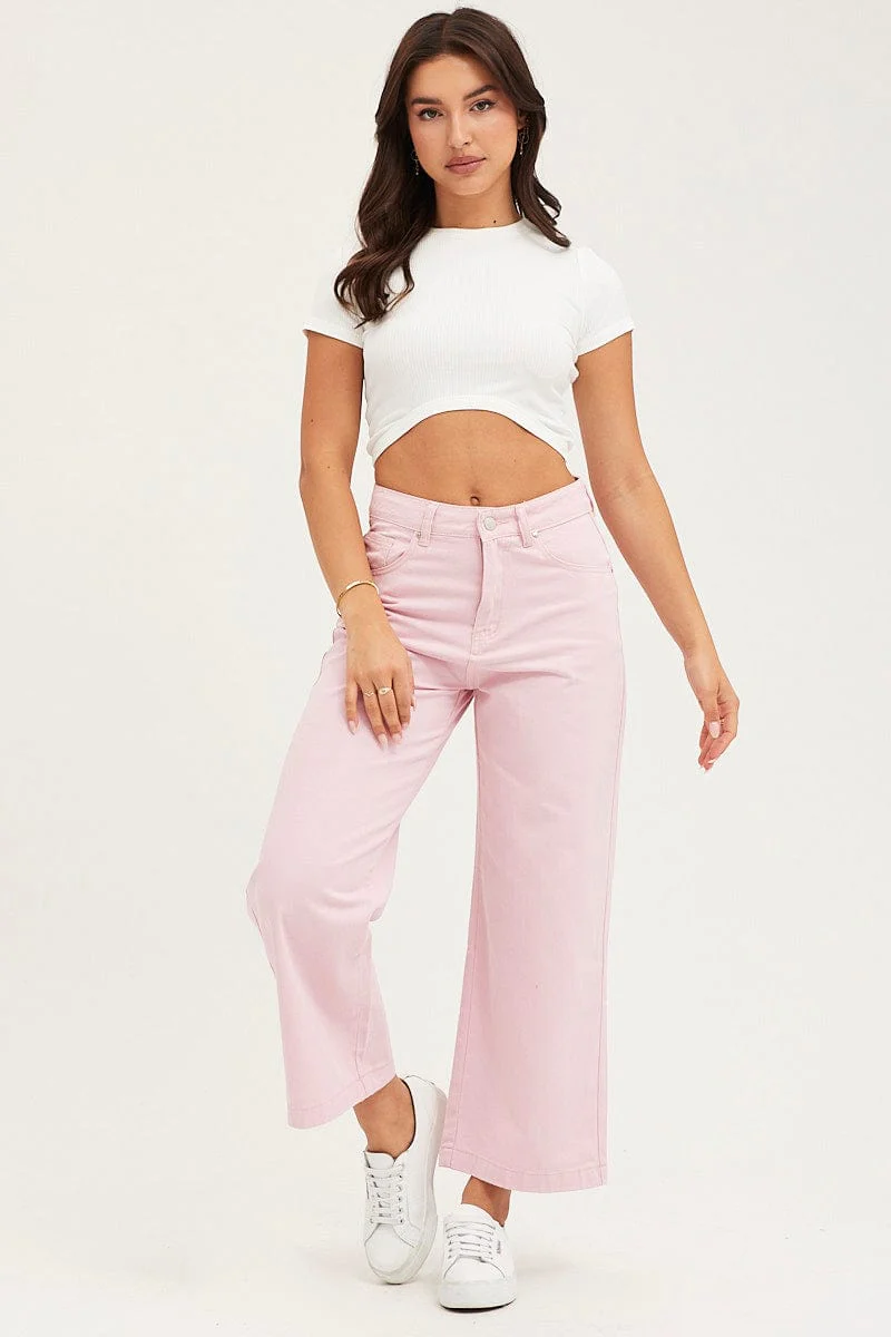 Pink Denim Jeans Wide Leg High Rise Cropped