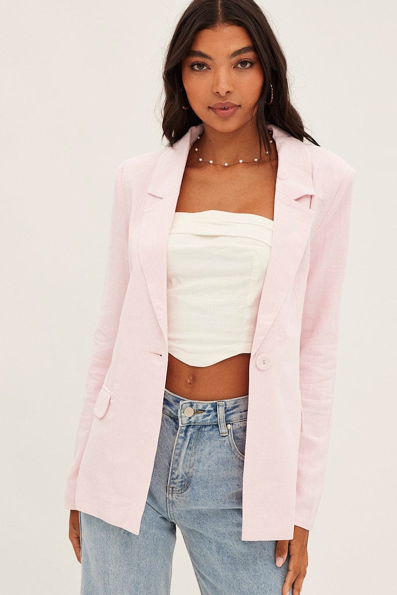 Pink Blazer Long Sleeve Single Breasted Linen Cotton