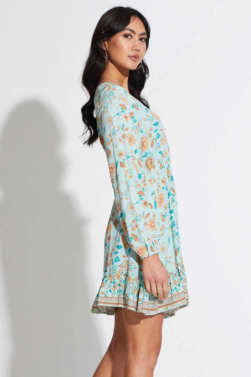Boho Print Mini Dress Long Sleeve V Neck