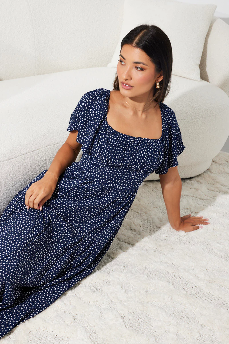 Blue Ditsy Maxi Dress Square Neck Tiered