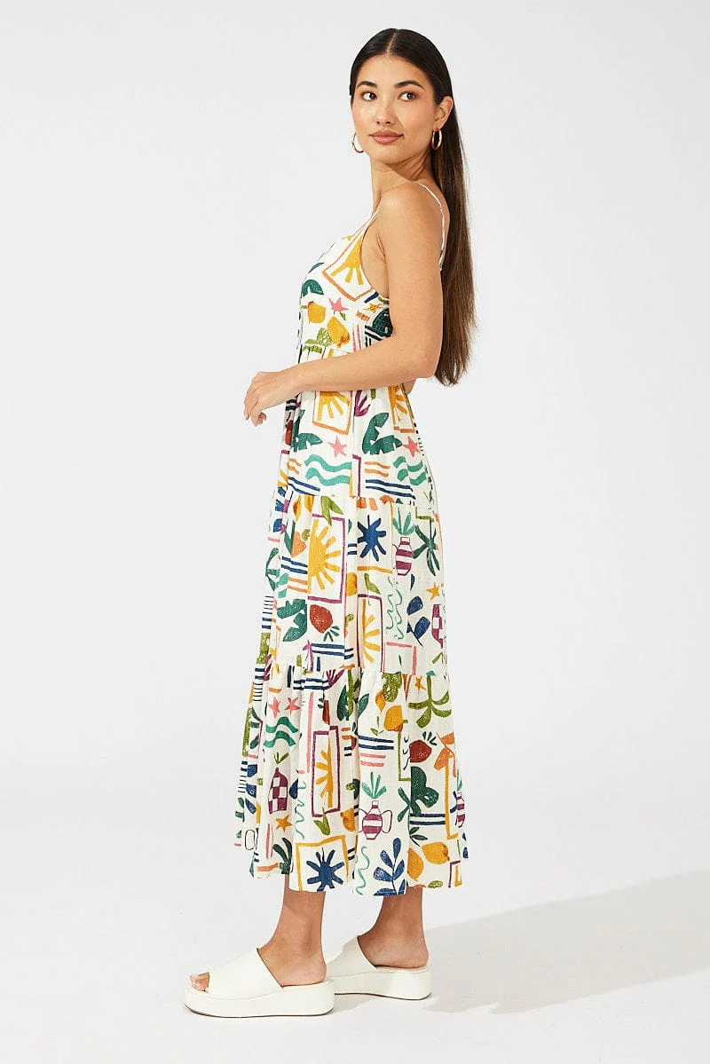 Multi Abstract Midi Dress Sleeveless V-Neck