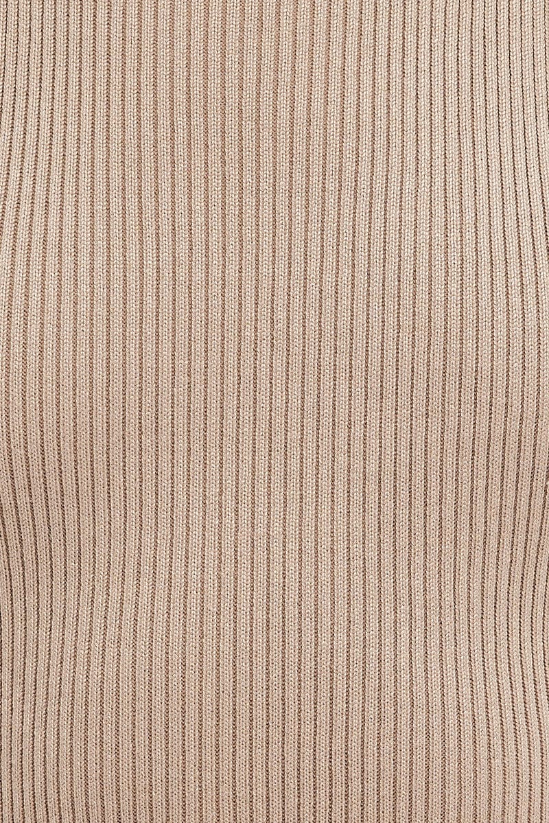 Beige Knit Dress Sleeveless Round Neck Belted Midi