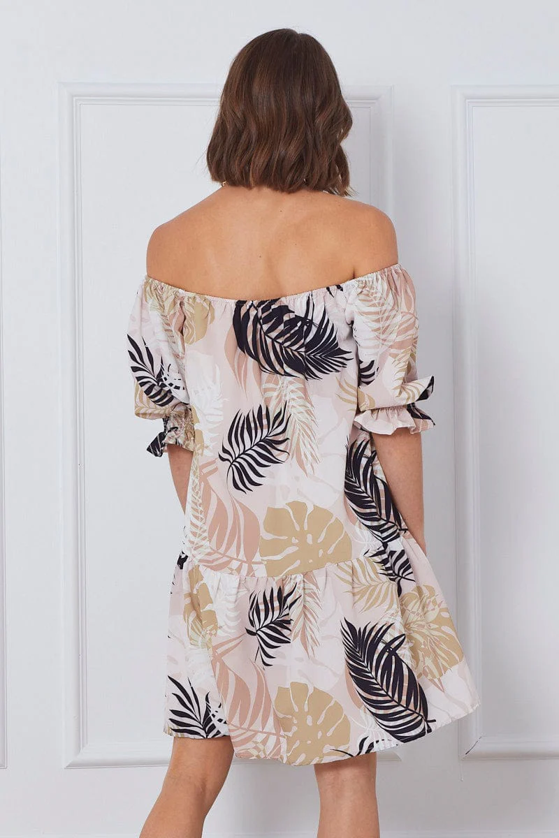 Trop Print Mini Dress Off Shoulder