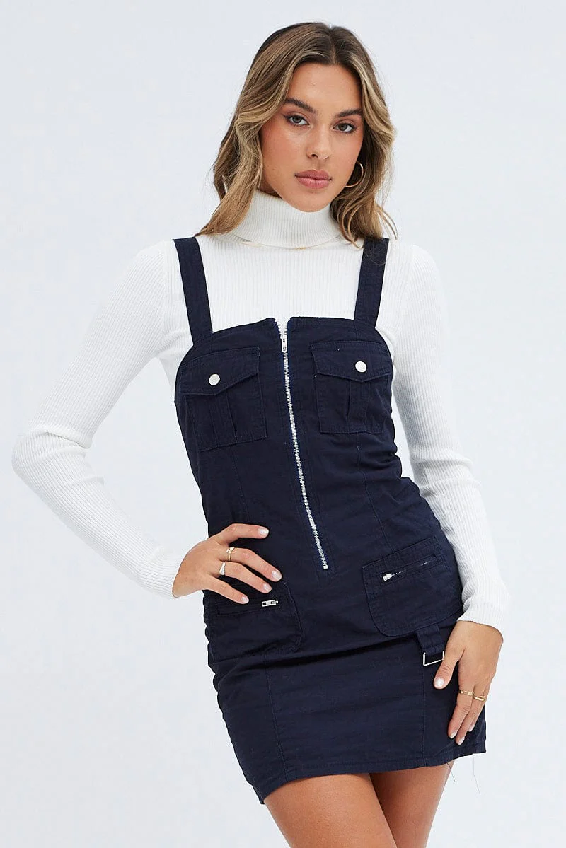 Blue Mini Dress Sleeveless Square Neck Cargo Utility