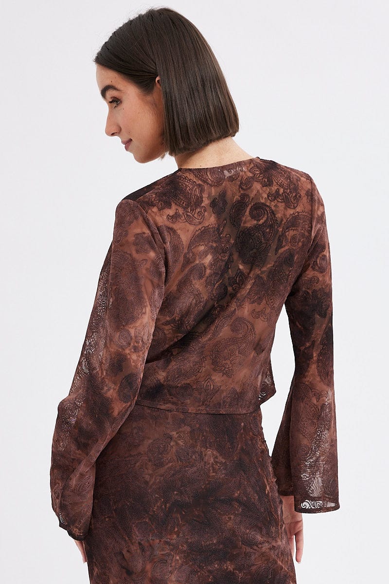 Red Paisley Tie Front Top Long Sleeve V Neck Mesh Flocked