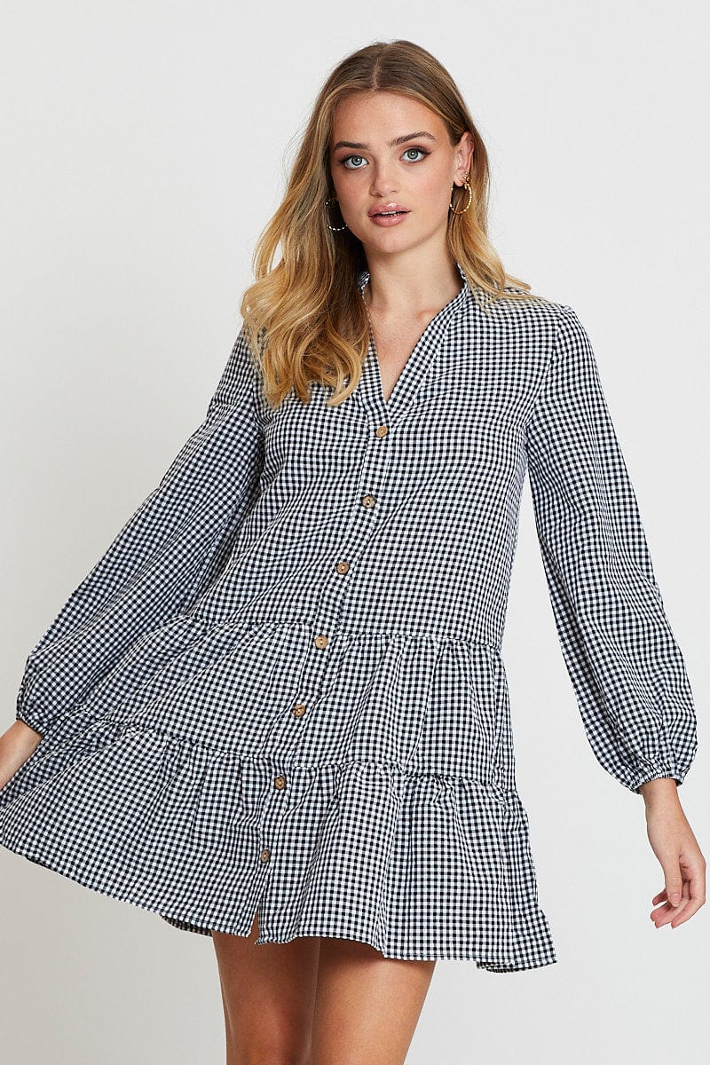 Check Shirt Dress Long Sleeve V Neck