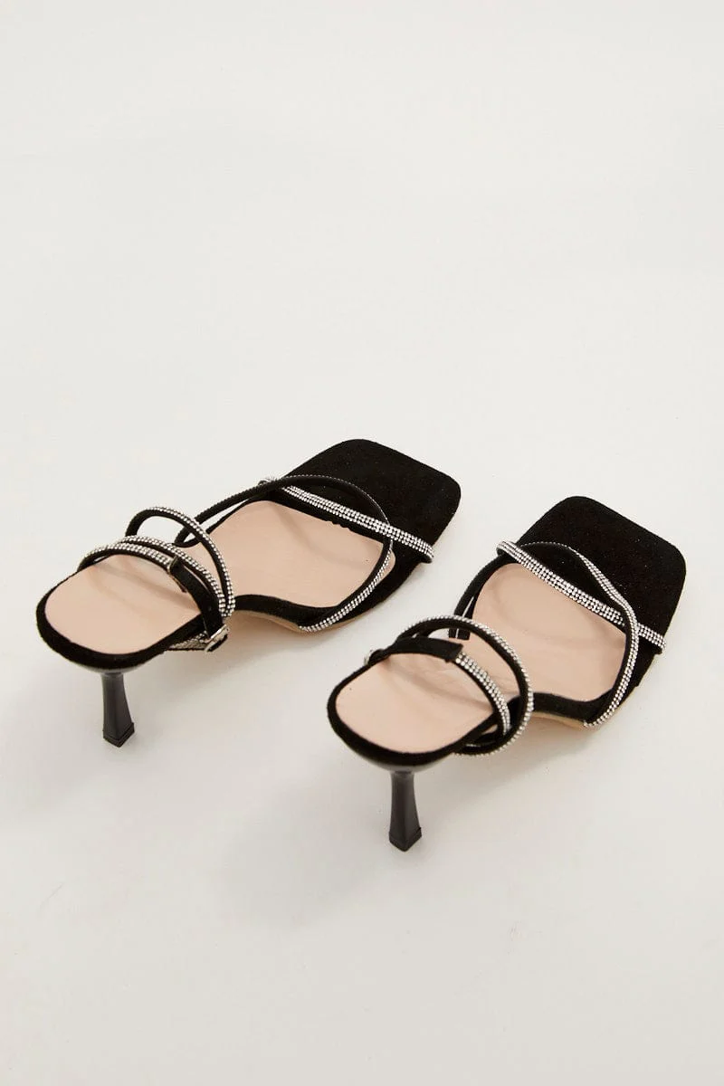 Black Rhinestone Decor Square Toe Ankle Strap Sandals