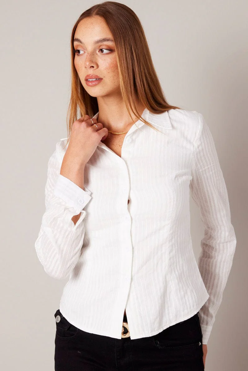 White Shirt Long Sleeve Self Stripe