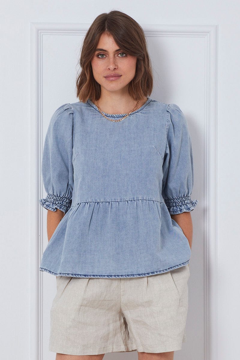Blue Top Short Sleeve Relaxed Linen