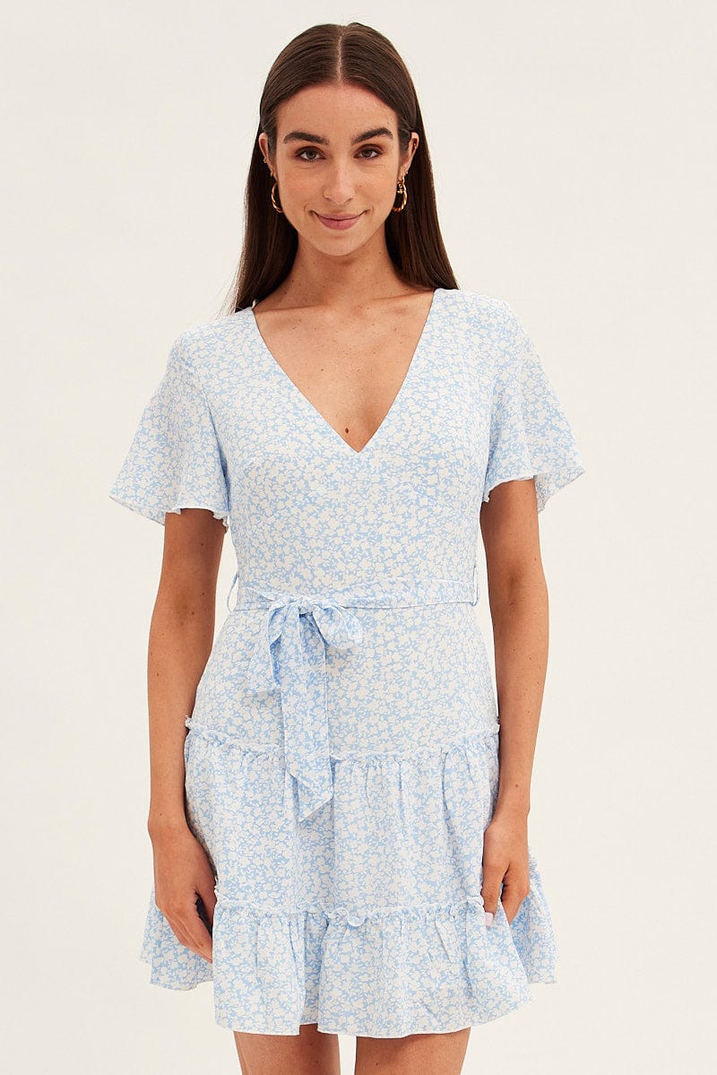 Blue Floral Skater Dress Short Sleeve V Neck Frill Hem Floral