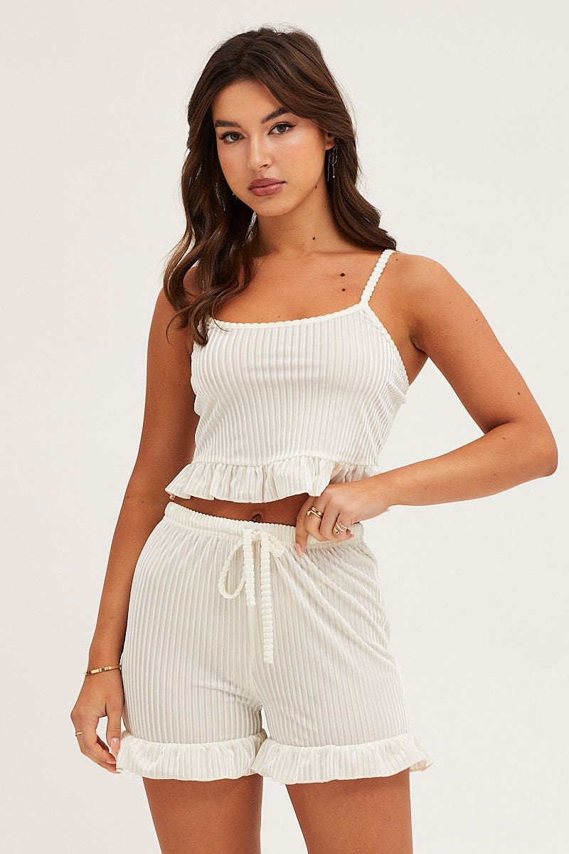 White Ribbed Velvet Cami & Shorts Pyjama Set