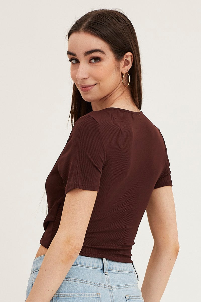 Brown Short Sleeve V Neck Rib Jersey Crossover Top