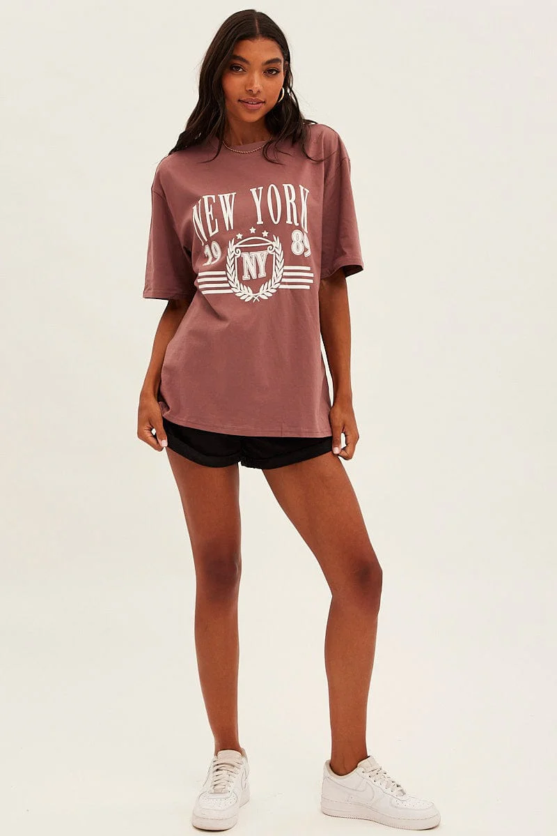 Brown T Shirt Short Sleeve Crew Neck New York Cotton