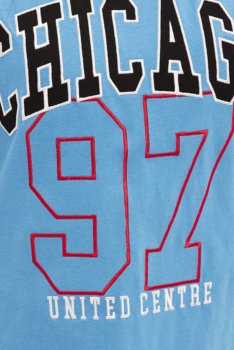 Blue Chicago Tee Short Sleeve Round Neck Embroidered
