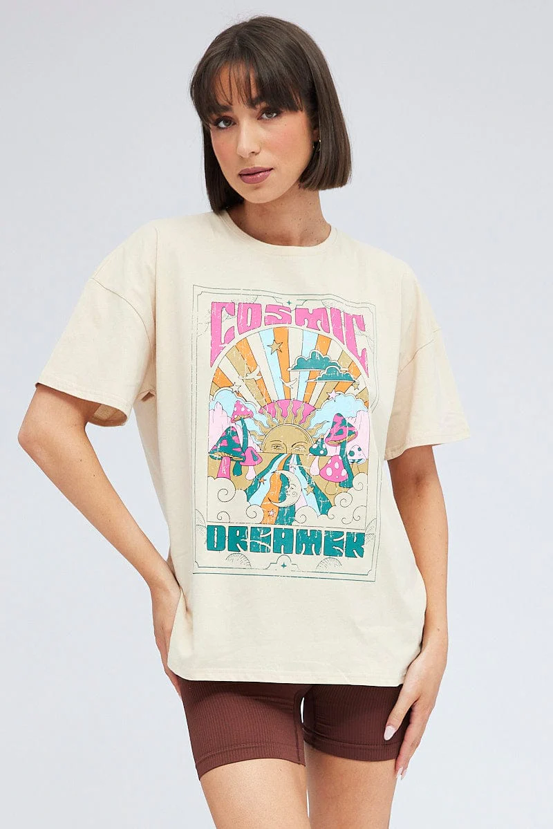 Beige Graphic Tee Festival Bright Oversized T-shirt