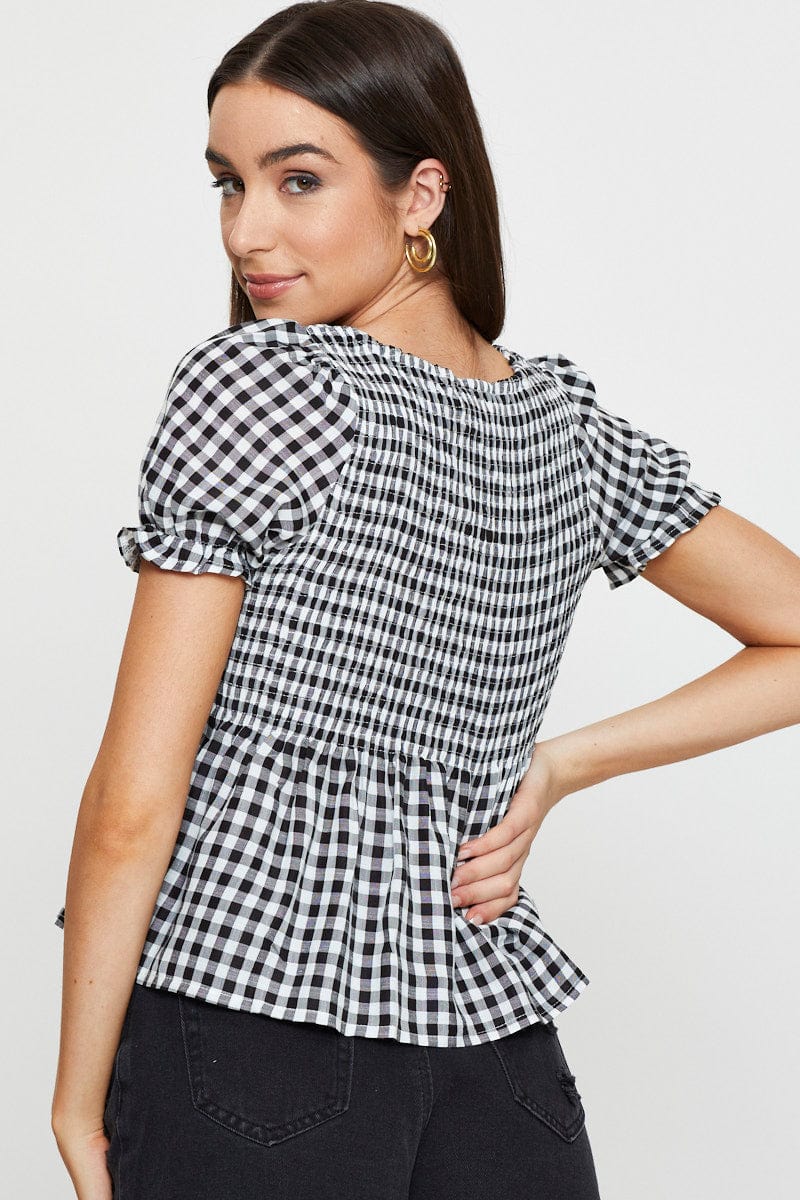 Check Puff Sleeve Top Short Sleeve