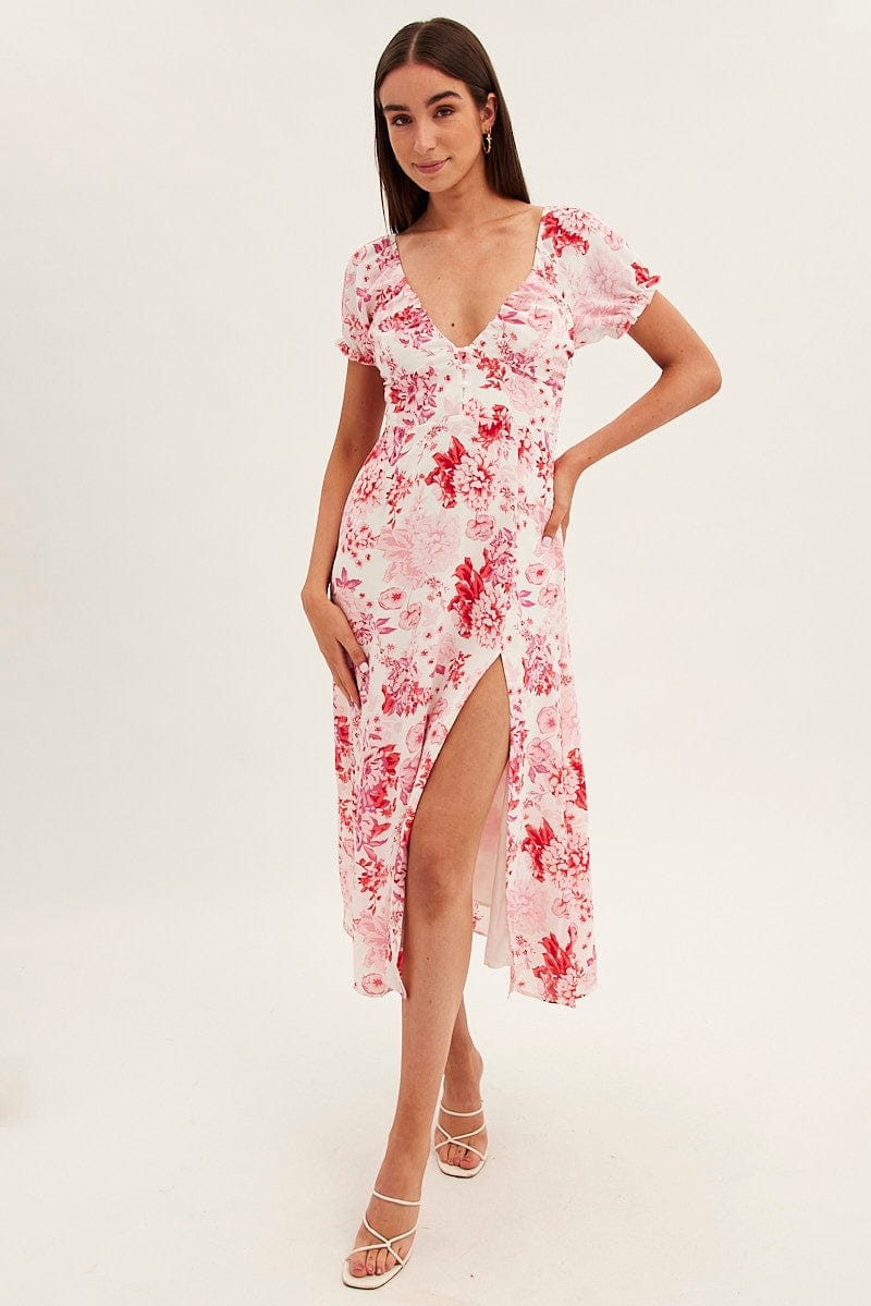 Pink Floral Midi Dress Short Sleeve Sweet Heart Neck