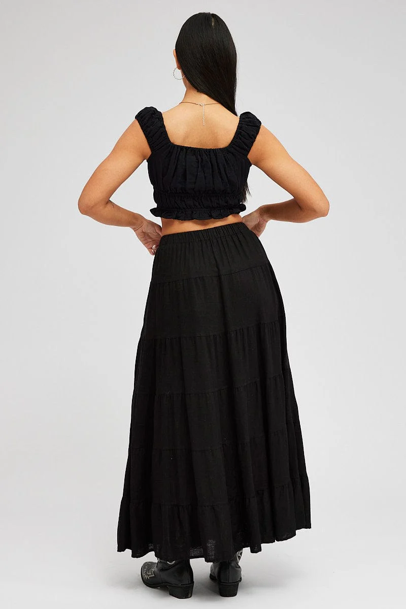 Black Maxi Skirt Tiered High Rise Linen Blend
