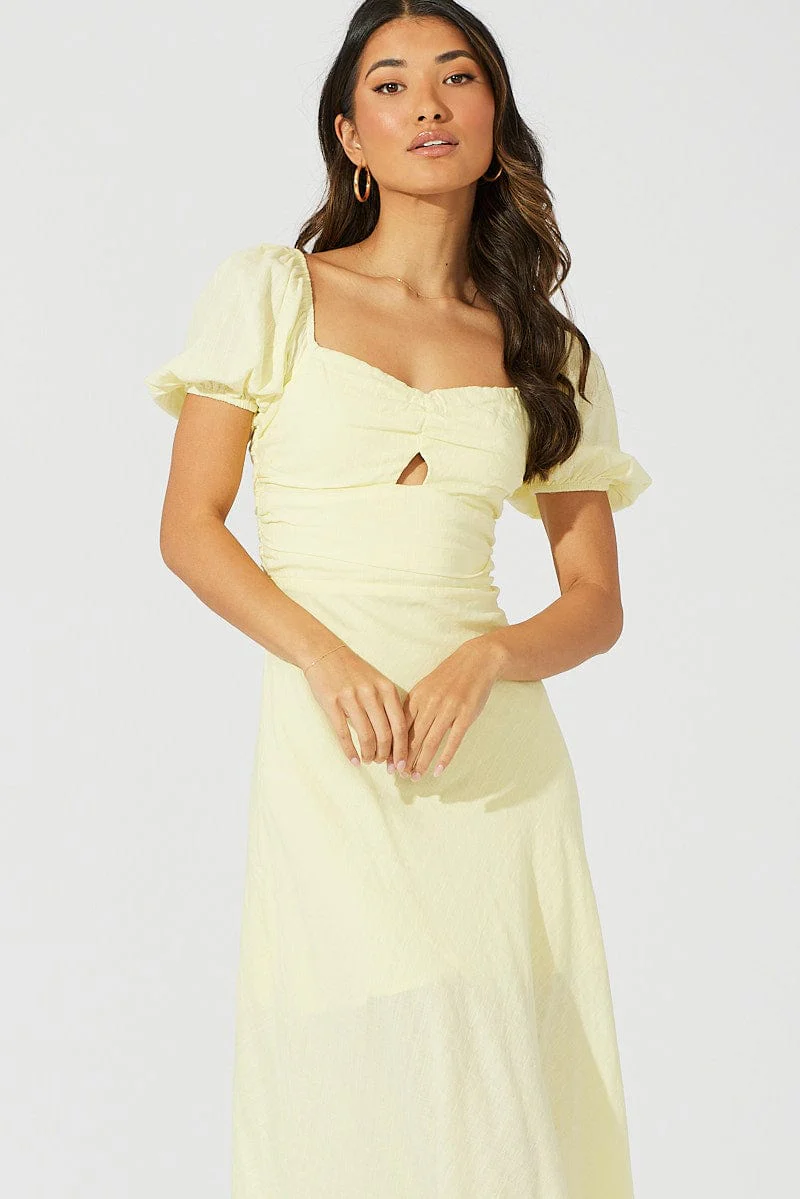 Yellow Midi Dress Short Sleeve Twist Front Textured