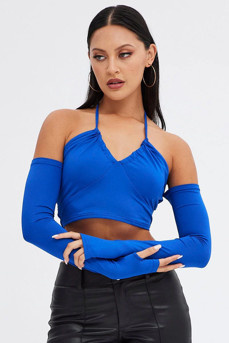Blue Halter Top Long Sleeve Crop Top