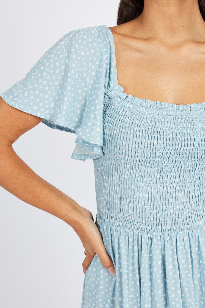 Blue Ditsy Maxi Dress Short Sleeve Shirred