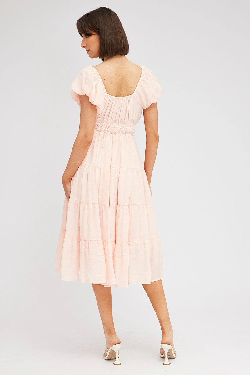 Pink Midi Dress Short Sleeve Ruched