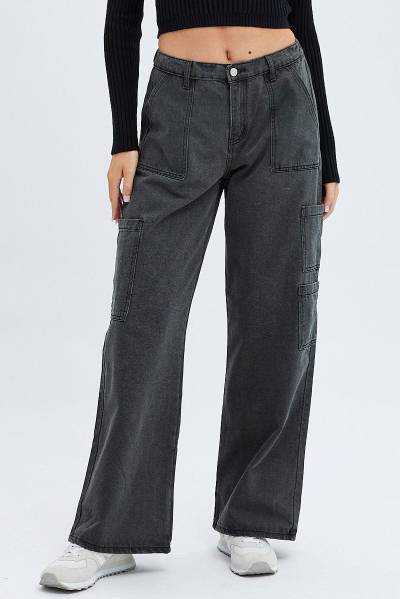 Black Cargo Jean Mid Rise