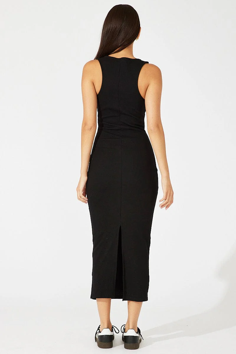 Black Midi Dress Sleeveless Bodycon Rib