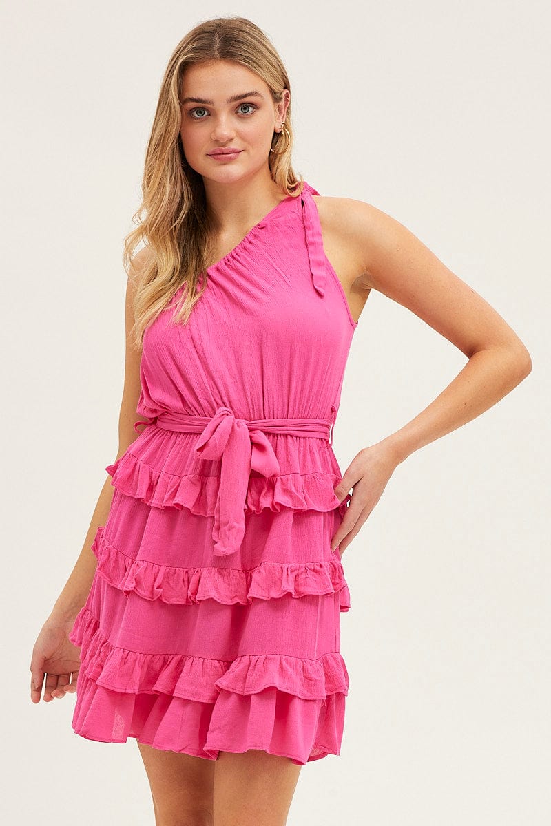 Pink Mini Dress One Shoulder Sleeveless
