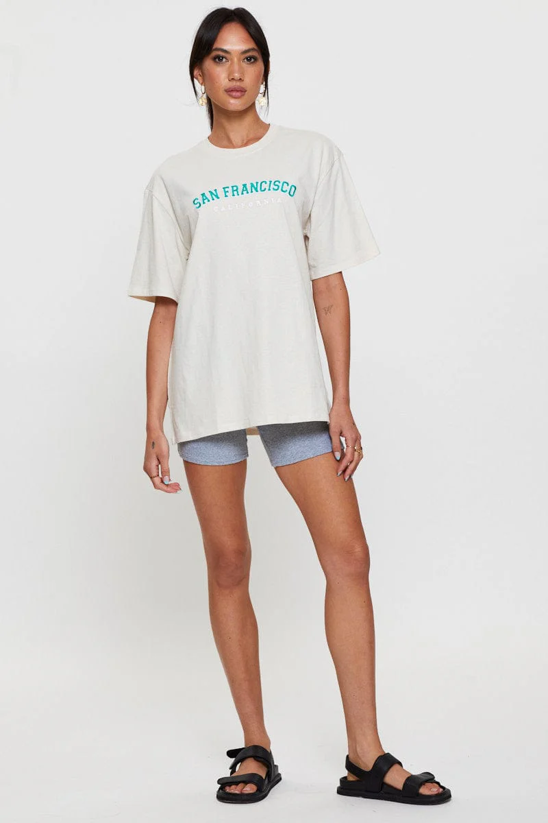 Beige Graphic T Shirt Short Sleeve Embroided