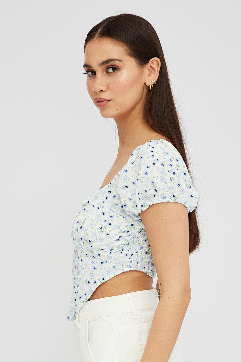 Blue Ditsy Crop Top Short Sleeve Square Neck